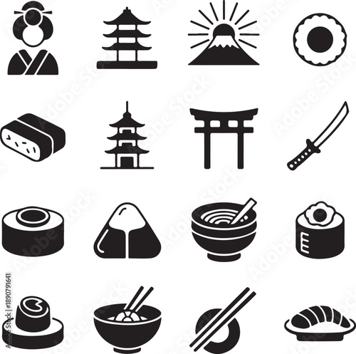 Japanese culture and food icons set including sushi and landmarks