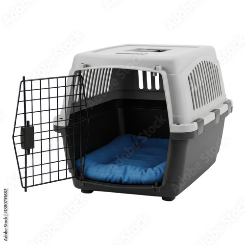 Pet dog crate with blue cushion isolated on transparent background for travel or training