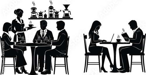 Business cafe meeting silhouettes, professionals drinking coffee working on laptop, networking discussion concept, teamwork communication, black and white vector illustration 