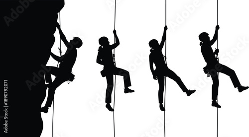 Climbing, silhouette, rappelling, adventure, mountain, rope, harness, helmet, outdoor, sport, activity, ascent, descent, safety, gear, motion, extreme, vertical, challenge, exploration