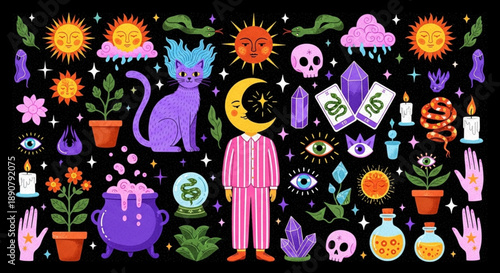 Mystical and magical elements collection with a cat, moon, sun, crystals, and potions on a dark background