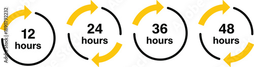 Circular time interval icons with black arrows and yellow segments, hourly cycle visualization for scheduling, service duration or UI design