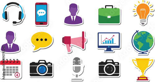 Colorful business and media icons including communication, innovation, global reach, data analysis, success, planning, and technology