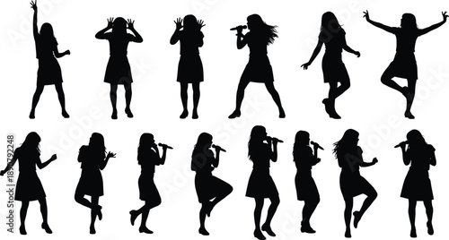 Female singer silhouettes performing live, women dancing singing with microphone, concert music performance poses, energetic pop star vector illustration isolated white background design collection