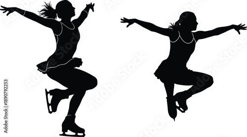 Figure skating woman silhouette jumping pose, ice skating sport illustration, athletic dancer movement, winter sports concept, graceful female skater, black vector isolated