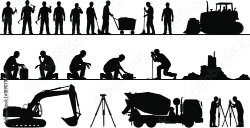 Construction workers silhouette set with heavy machinery, engineering tools and industrial equipment, labor workforce concept, building site activities, black vector illustration isolated