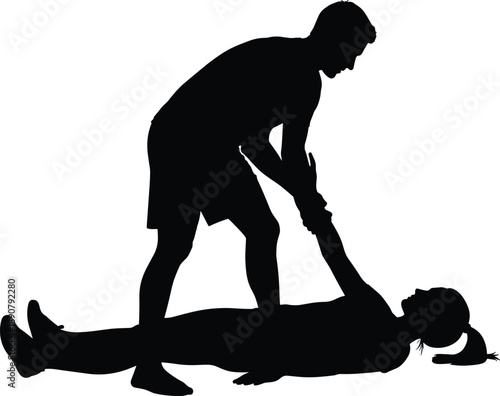 First aid rescue silhouette illustration, man performing CPR emergency lifesaving procedure, medical assistance concept, black and white vector isolated on white background, training safety