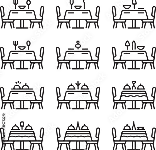 line drawing restaurant tables with various settings and dishes