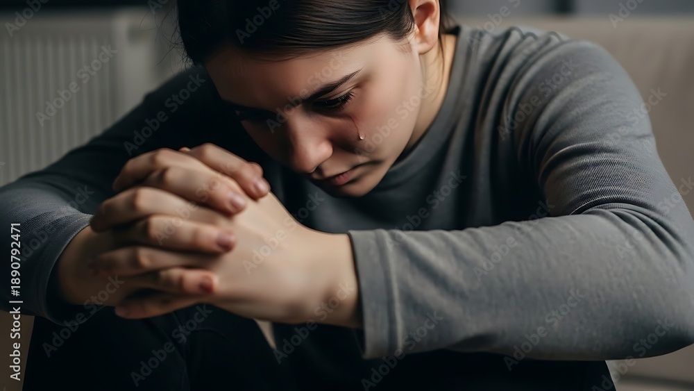 Obraz premium A woman sits alone, hands clasped together in contemplation, surrounded by a somber atmosphere.