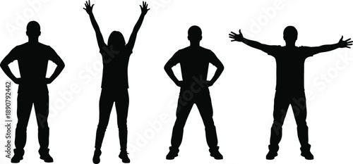 Human, silhouette, pose, standing, gesture, arms, body, posture, black, figure, anatomy, movement, expression, shape, position, outline, stance, behavior, illustration, reference