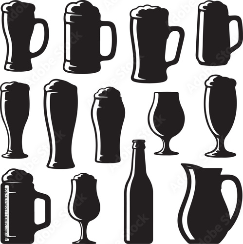 set of beer glasses and bottles icons