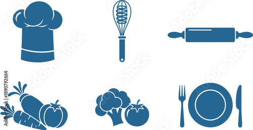 Blue silhouette icons representing various kitchen tools, fresh vegetables, and dining utensils on a white background.