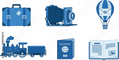 A collection of flat design blue icons representing various modes of transport and essential items for travel adventures