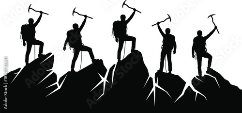 Mountain climber silhouettes illustration, adventure success concept, teamwork achievement, hiking expedition, leadership challenge, outdoor sport vector, mountaineering victory