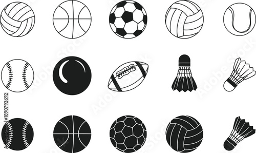A comprehensive collection of various sports equipment icons, including balls and shuttlecocks, presented in both outline and solid silhouette styles.