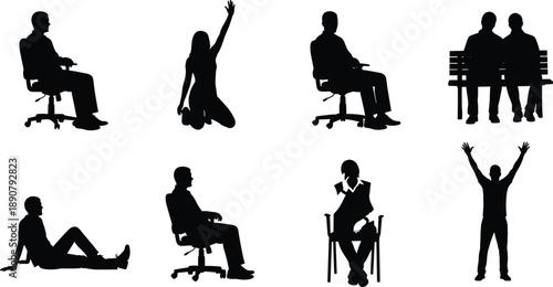 People silhouette poses collection, sitting standing jumping and relaxing actions, human lifestyle concept, black vector illustration set isolated on white background
