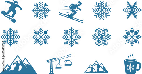 Winter Sports and Snowflake Icons Set with Mountains and Ski Lift Silhouettes