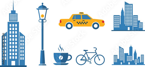 Flat design city icons set featuring urban elements like buildings, taxi, bicycle, coffee cup, and street lamp