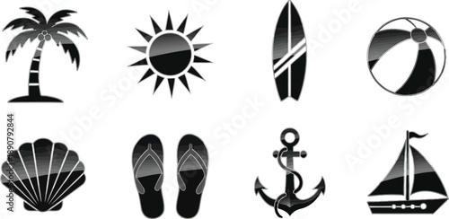 A collection of black and white gradient icons representing summer vacation and beach travel elements on a white background