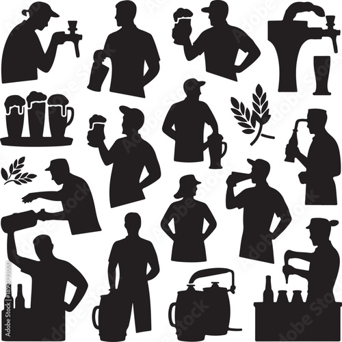 Silhouette icons of people drinking beer and working in a brewery