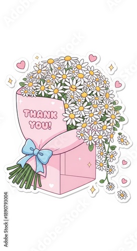 Adorable cartoon illustration displays a large bouquet of daisies in pink wrapping with a celebratory message.