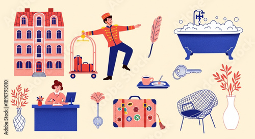 Charming Hotel Hospitality Collection A Bellhop, Luggage, and Elegant Ambiance Illustrations