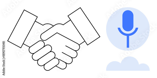 Teamwork, agreements, voice communication, cloud technology, partnerships, connections. A handshake image next to a microphone in a cloud icon. Teamwork and voice communication concept