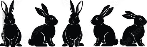 Rabbit silhouette collection, black illustration, animal poses, side profile, sitting bunny, white outline, fur detail, wildlife icon, pet design, cute contour, rodent anatomy, artistic rendering,