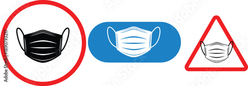 Face mask icons with prohibition, recommendation, and warning symbols, representing health safety, protection, and usage guidelines