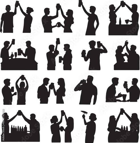 Silhouettes of people drinking and toasting with beer bottles and glasses