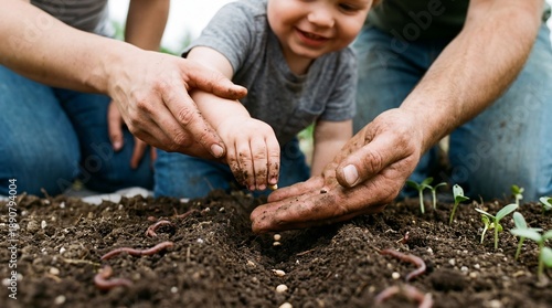Child and adults planting seeds in soil