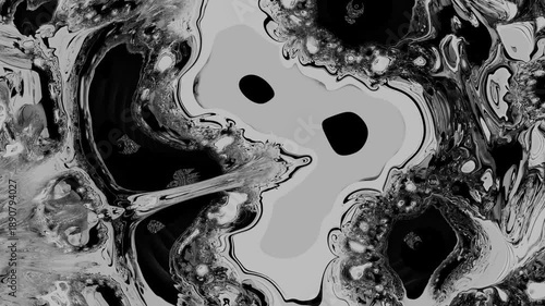 The 4K video presents a mesmerizing abstract fluid motion evoking an otherworldly landscape where liquid-like forms swirl, expand, contract, and intermingle in chaotic harmony.