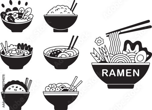 Various Asian noodle and rice bowls with chopsticks  Japanese food