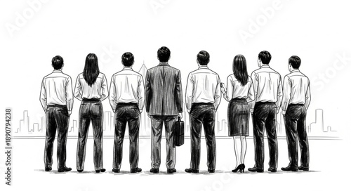 Diverse group of people standing together facing forward.