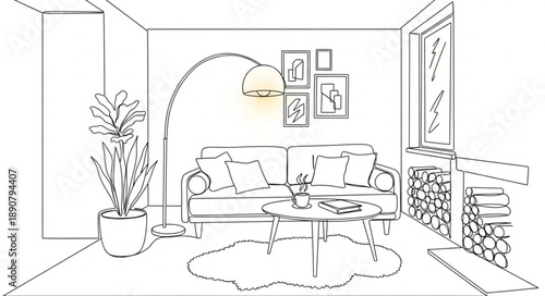Modern living room sketch with sofa and lamp.