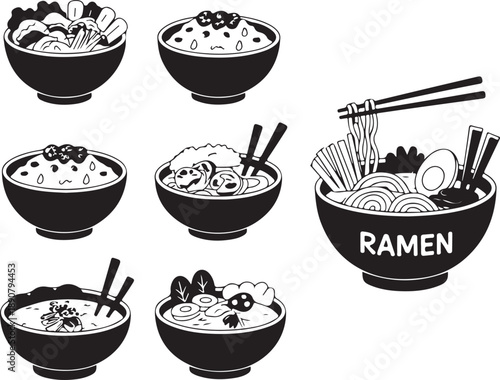Various ramen bowls with different ingredients and toppings are shown