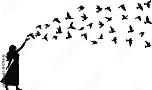 Vector, black, silhouette, of, a, woman, releasing, a, flock, of, flying, birds, representing, freedom, hope, peace, inspiration, nature, and, spiritual, growth, concep