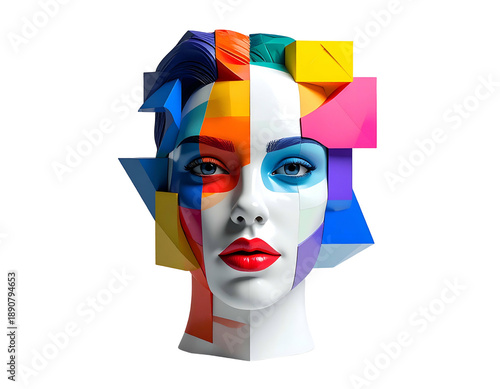Portrait of a woman's face, fragmented with colorful geometric shapes