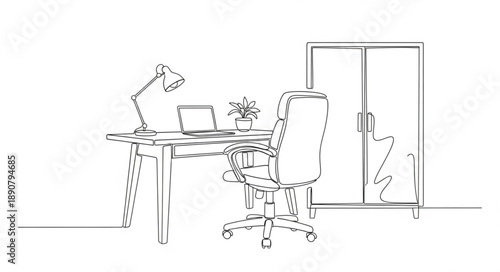 Modern Home Office Desk Setup with Laptop and Lamp.