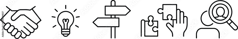 Obraz premium A collection of simple black line icons representing business ideas and research on transparent background high-quality professional detailed modern elegant