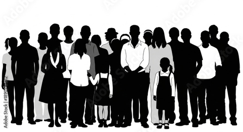 Diverse group of people standing together in silhouette.