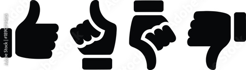 Four black hand gestures displaying approval and disapproval thumbs up and down on transparent background high-quality professional detailed modern elegant