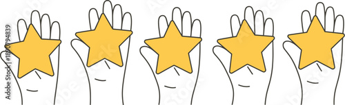 Five yellow stars held in white hands representing a top rating on transparent background high-quality professional detailed modern elegant stylish