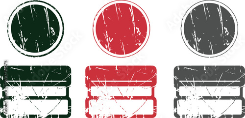 Three circular and three rectangular distressed grunge stamps in red black and green on transparent background high-quality professional detailed modern