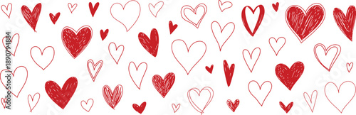 A scattered pattern of hand drawn red and white hearts perfect for valentines on transparent background high-quality professional detailed modern