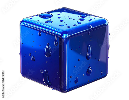 Gleaming, blue cube with water droplets, isolated on black background