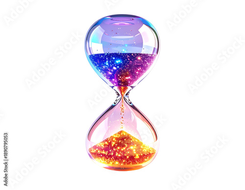 Vivid digital hourglass shows time passing, with colorful, glittery sand