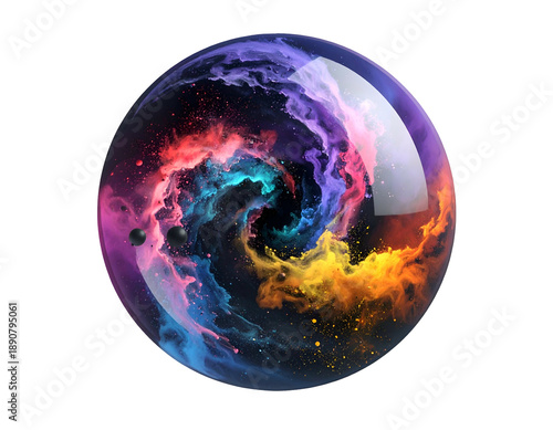A vibrant cosmic nebula swirling within a reflective glass sphere