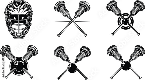 Black and White Lacrosse Vector Graphics Featuring Professional Helmet Crossed Sticks and Balls Sports Equipment Icons for Team Logos Apparel Design and Athletic Branding