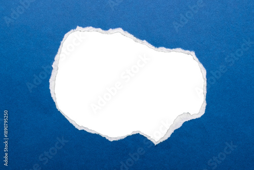 Torn blue paper hole with ripped edges and blank window copy space, isolated on transparent background